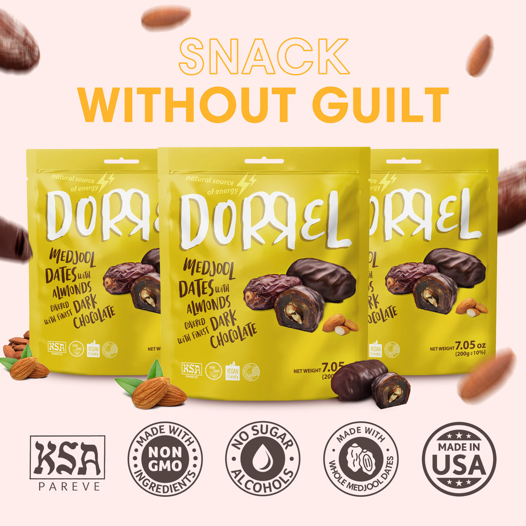 3 PACK Belgian dark Chocolate covered medjool Date stuffed with salted Almond