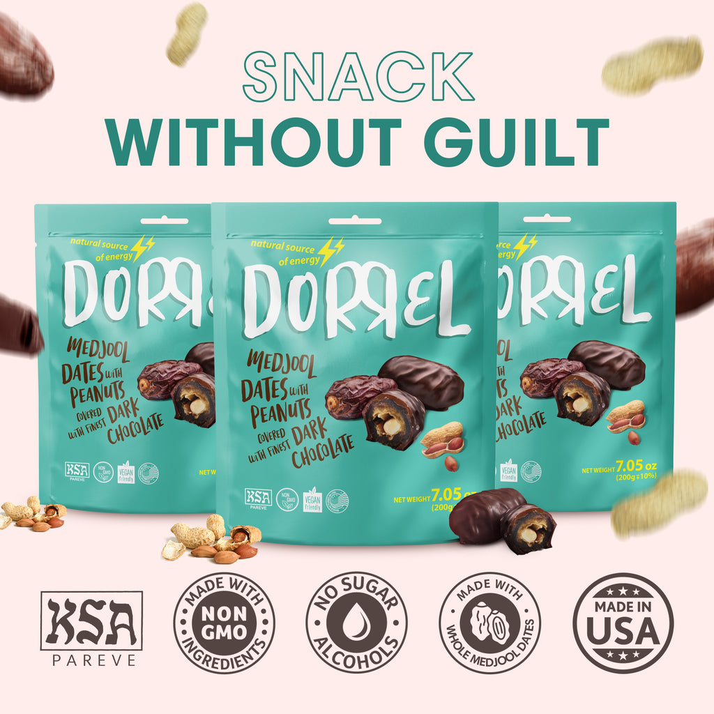 3 PACK Belgian dark Chocolate covered medjool Date stuffed with salted Peanuts