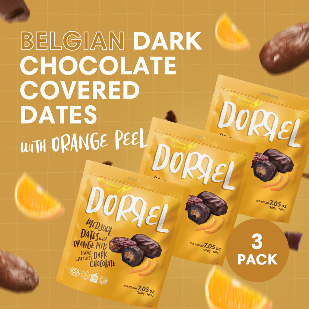3 PACK Belgian dark Chocolate covered medjool Date stuffed with Orange Peel